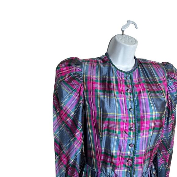 AJ Bari Silk Colorful Retro Plaid loose fit midi dress size 8 Vintage 80's - Picture 5 of 10